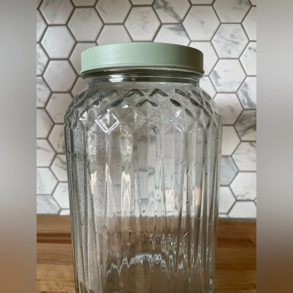 IKEA Clear Glass Beverage Dispenser with Green Lid and Spout